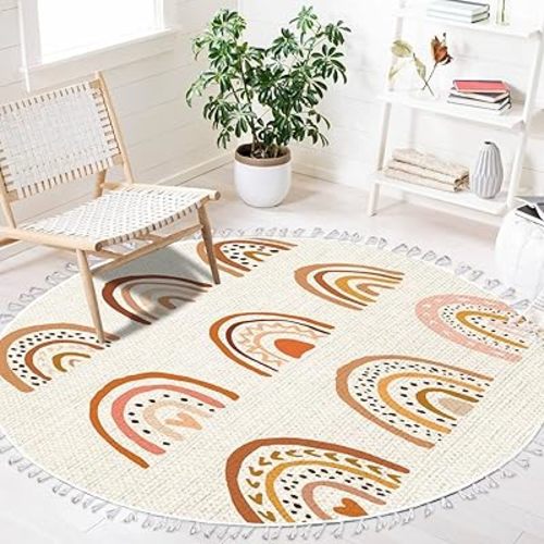 Round Boho Rug Hand Drawn Rainbows Cute Set in Pastel and Earthy Colors Area Rug 4 ft x 4 ft Cotton Linen Blend Rug for Living Room and Outdoor