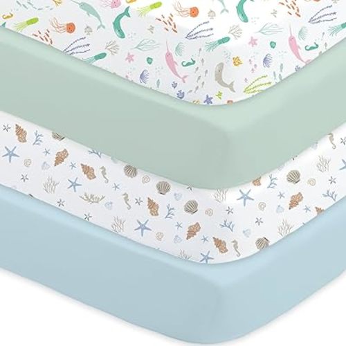 Little Grape Land Crib Sheets 4 Pack, Fitted Baby Crib Sheets 28x52x8 for Standard Crib/Toddler Mattress, Microfiber with All-Around Elastic, Ocean/Shell/Green/Blue, Neutral for Boys & Girls
