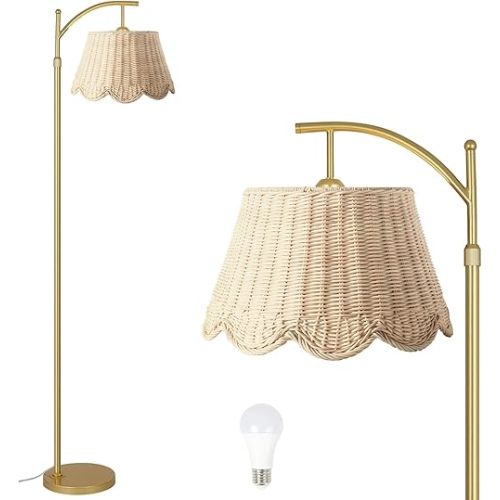 Arc Floor Lamp for Living Room，Rattan Boho Floor Lamp with Hand-Woven Wicker Shade, Foot Switch, Gold/Silvery Metal Base & Pole,Standing Lamp for Bedroom (Gold)