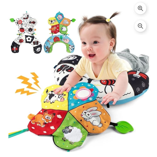 Style-Carry Baby Toys 0-6 Months, Tummy Play Pillow, Crinkle Mat, High Contrast Sensory Teething Toy