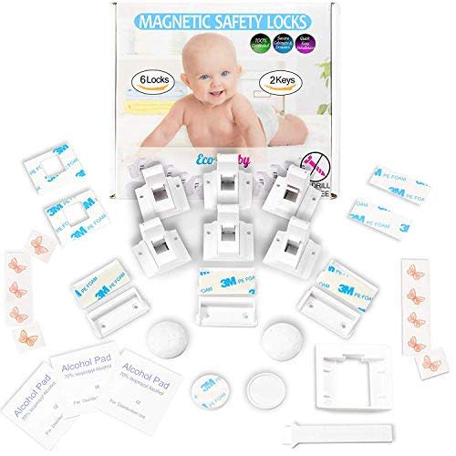 6 Pack Magnetic Cabinet Locks for Babies (with 2 Keys), Eco Baby Magnetic Baby Proofing Cabinet Locks, Child Locks for Cabinets Drawers Doors for Back to School, Easy Installation No Tools Required