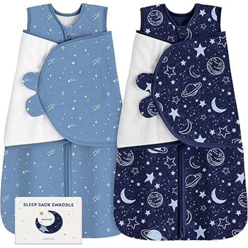 Unnivoll Newborn Sleep Sack Swaddle 100% Cotton Baby Swaddle 0-3 Months, 3-Way Adjustable Wearable Blanket, TOG 0.5, 2 Pack for Baby Boy Girl Dark Blue Planet