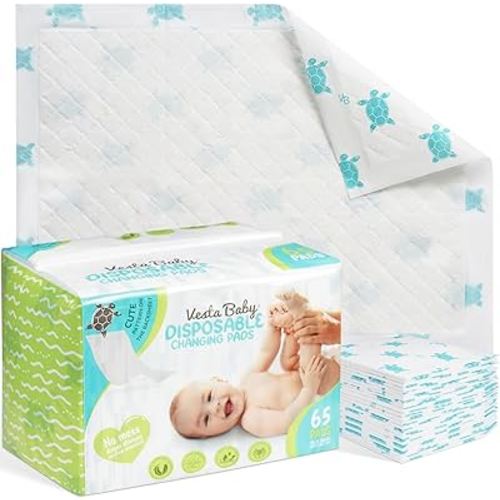 Vesta Baby 65 Disposable Changing Pads - Soft Absorbent Leak Proof Pee Mats - White Portable Diaper Change Underpads for Bed & Table Protection - 15" x 20" Waterproof Liners