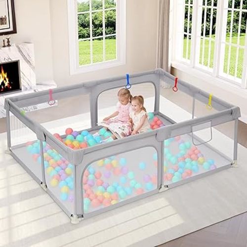 Dripex Large Baby Playpen 71"x47", Big Play Pens for Babies and Toddlers- Indoor & Outdoor Kids Safe Play Area, Soft Breathable Visible Mesh, Anti-Fall & Anti-Slip Design Baby Fence, Grey