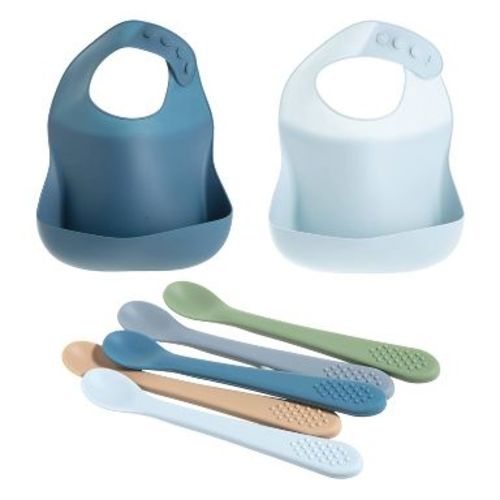 Blue Silicon Feeding Set Baby Bib & Spoons