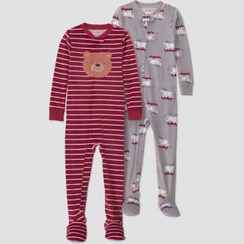 Carter's Just One You® Baby Boys' 2pk Skater Dog & Bear Long Sleeve Velboa Footed Pajama Set - Gray/Maroon 12M
