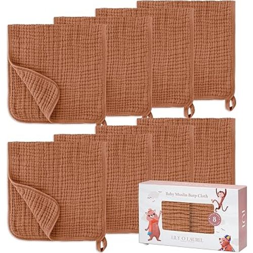 Muslin Burp Cloths, 20"x10"- Pack of 8, 6 Layers Super Soft Absorbent & Breathable 100% Cotton for Baby Drool and Messes, Burp Cloth Baby Boy and Burp Cloths Baby Girl