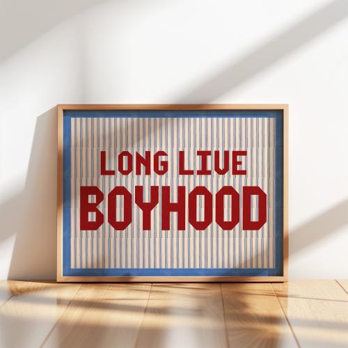Blue and Red Long Live Boyhood Modern Quilt Digital Print, Boho Wall Hanging Striped Art, Boho Toddler Boys Kids Room, Quote Kids Wall Art