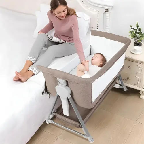 Cowiewie Bassinet Bedside Sleeper, Baby Bassinet with 7 Adjustable Height, Bedside Bassinets for Baby with Breathable Mesh Sides & Mattress, XL Storage, Easy Folding Crib (Brown)
