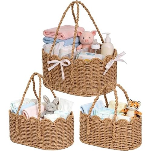 3 Set Wicker Diaper Caddy Organizer,Paper Rope Storage Baskets Nursery Bin
