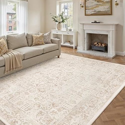 PureCozy Beige Area Rug 6x9 Machine Washable Vintage Living Room Distressed Non Slip Carpet Traditional Indoor Bedroom Retro Floral Accent Throw Large Rug for Office Kitchen Dining Room