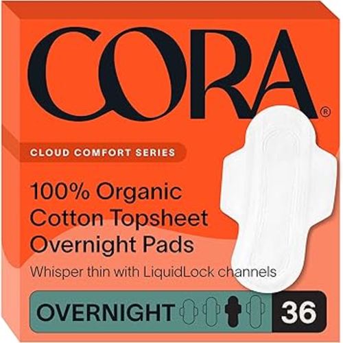 Cora 100% Organic Cotton Topsheet Pads | 36 Overnight Pads