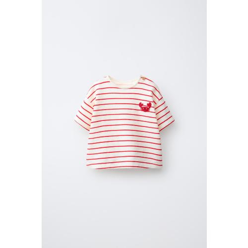 CRAB EMBROIDERED STRIPED T-SHIRT - White / Red | ZARA United States