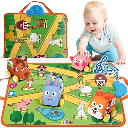 Coogam Musical Cars Play Mat for 1 2 3 Year Old Toddlers Easter Basket Stuffers, Soft Pull-Back Vehicle Set with Farm Animals Playmat Rug, Baby Fine Motor Montessori Toys Game