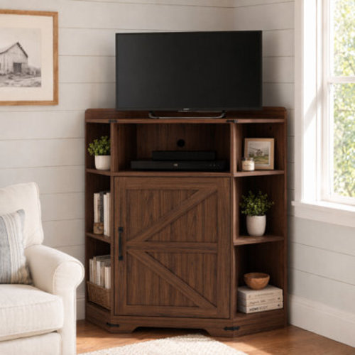 Rebrilliant Wooden Accent Corner Cabinet, Corner Storage with USB Ports and Outlets for Study, Playroom, Living Room | Wayfair