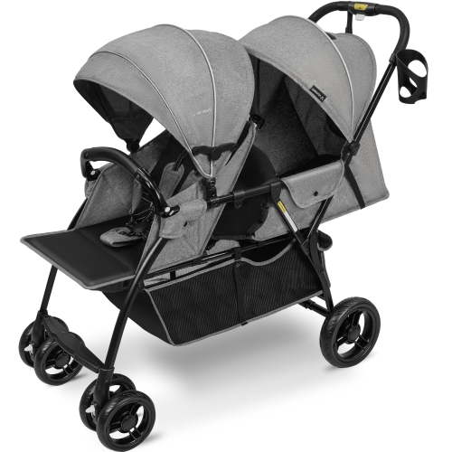 Vomeast Double Stroller for Twins, Foldable Lightweight Travel Stroller for Infant and Toddler, 5-Point Harness, Adjustable Canopy & Reclining Seat, Gray