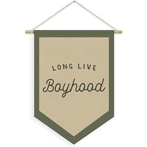 Boys Room Decor, Long Live Boyhood Linen Canvas Banner, Boy Nursery Wall Hanging Pennant Flag Banner for Boys Kids Toddler Room Bedroom Playroom Decor, 15x11in - Green