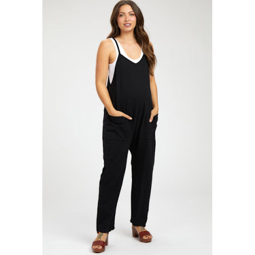 Maternity Black Knit Front Pocket Maternity Overall