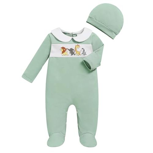 GRNSHTS Newborn Romper Coming Home Outfits Infant Girl Boy Cute Print Long Sleeve Bodysuit with Mitten, Matching Hat Jumpsuit