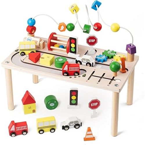 Activity Table for 1 Year Old, 8 in 1 Multi-Colorful Montessori Toys, Baby Activity Table with Bead Maze & Shape Sorter, Toddler Sensory Educational Learning Toys for Birthday Gift Boys Girls