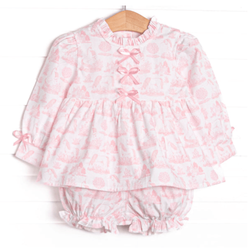 Fabled Fairytale Ruffle Neck Long Sleeve Bloomer Set, Pink