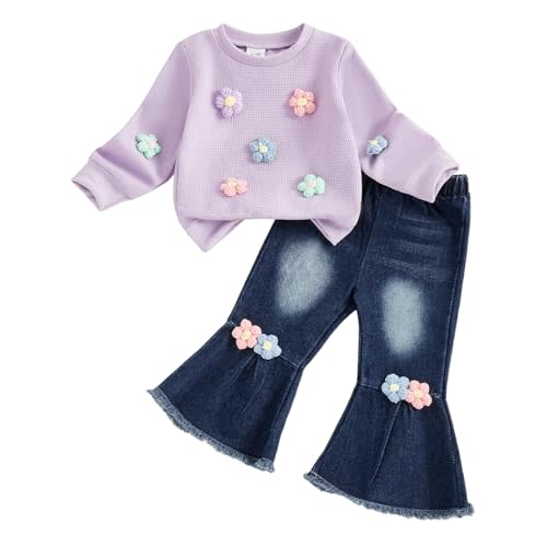FYBITBO Toddler Baby Girl Clothes Fall Winter Baby Girl Outfit Floral Crewneck Sweatshirt Bell Bottom Jeans Pants Set