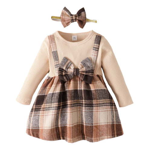 Kucnuzki Newborn Baby Girl Clothes 9 Months Fall Winter Dress 12 Months Long Sleeve Elegant Checkborads Patchwork Flouncing Pit Stripe Dress Headband 2PCS Set Beige
