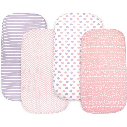 Bassinet Sheets Girl– 4-Pack Soft Fitted Bassinet Sheets, Organic Cotton, Breathable & Cozy, Fits 32x16x4 Inch Rectangle, Oval & Hourglass Mattresses (Lavender-Pink)