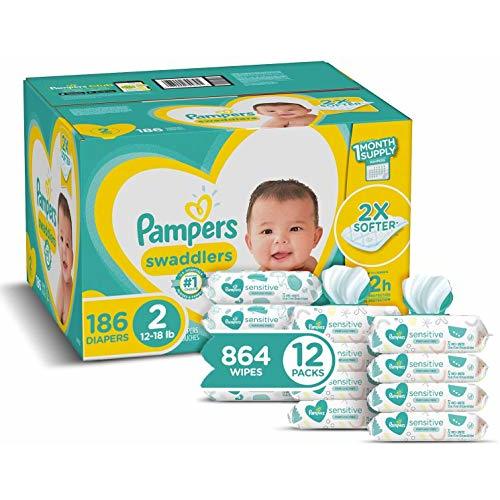 Diapers Size 2, 186 Count and Baby Wipes - Pampers Swaddlers Disposable Baby Diapers, ONE Month Supply with Pampers Sensitive Water Baby Wipes, 12X Pop-Top Packs, 864 Count (Packaging May Vary)