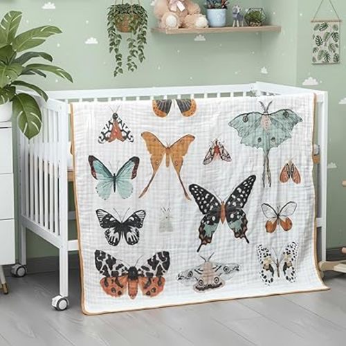 Butterfly Muslin Blanket 47 x 47 Inch Warm Soft Cotton Muslin Swaddle Blanket, Boho Nursery Swaddling Wrap Quilt for Girls Bedding Gift, Spring Summer Nap, Crib Bed Sofa Nursery Decor