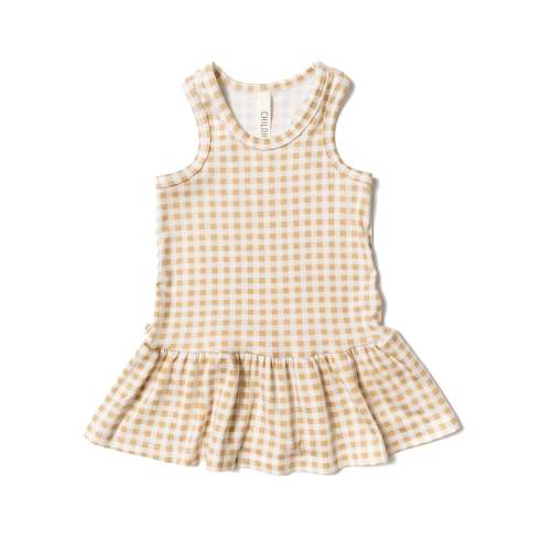 rib twirly tank dress - tan gingham