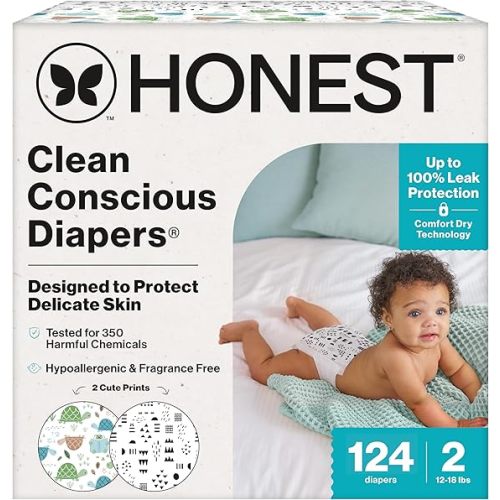 The Honest Company Comfort Dry Disposable Daytime Diapers for Sensitive Skin, Hypoallergenic, Barnyard Babies + Pattern Play, Super Club Box Size 2 (12–18 lbs), 124 Count