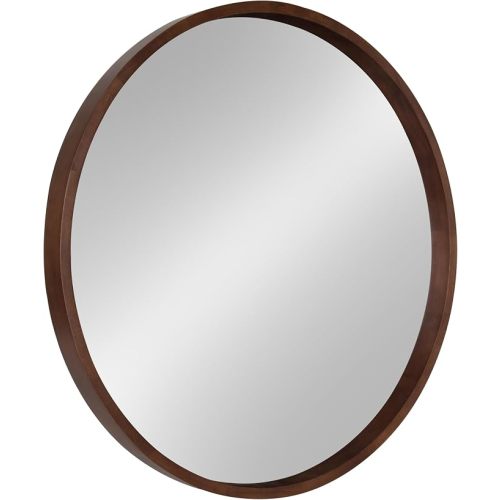 Kate and Laurel Hutton Round Decorative Wood Frame Wall Mirror, 30 Inch Diameter, Walnut