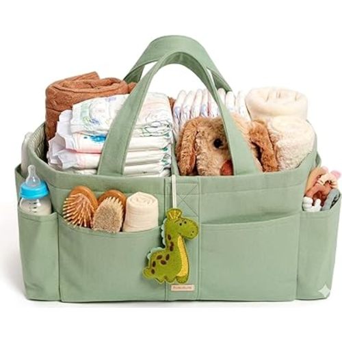 Folkulture Baby Diaper Caddy | Cotton Diaper Bag for Kids - Stylish Comfort Spacious Travel Essential Cart | Nursery Storage Bin and Car Organizer for Diapers, Wipes - (Sage Green - 15")