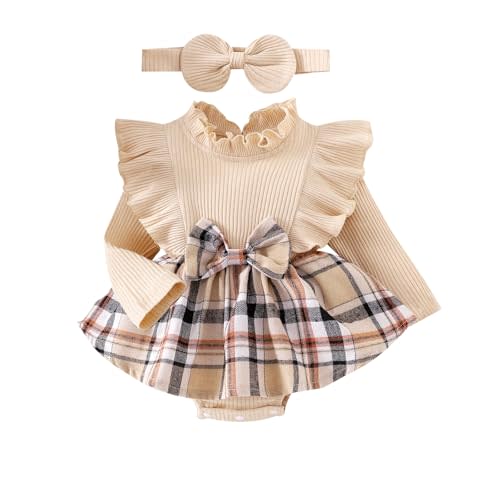 DOMOABEI Baby Girl Clothes Cute Plaid Romper Dress Ruffle Long Sleeve One-piece Jumpsuit Bodysuit with Bow Headband