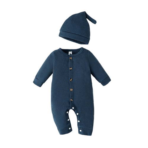 Newborn Baby Boys Clothes Baby Boys One-piece Romper Bodysuit Newborn Boys Long Sleeve Round Neckline Solid Color Romper Hat 2PCS Set Blue 0-1 Months