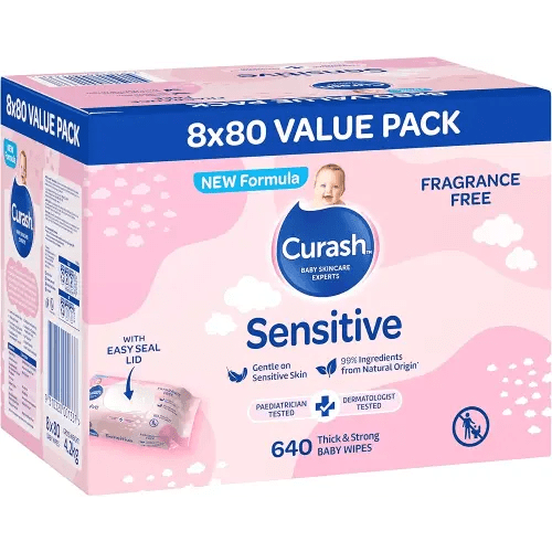 New Formula Curash Fragrance Free Baby Wipes, 8x80 Pack, For Sensitive Skin, Suitable for Newborns, Thick & Soft Texture, No Soap, Alcohol Or Parabens, Everyday Cleansing And Nappy Changes, 640 Wipes