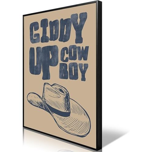 pedkvtmewo Retro Cowboy Hat Canvas Wall Art, Framed Vintage Blue Cowboy Art Poster for Room Aesthetic, Funky Western Art Room Decor, Trendy Wild West Giddy Up Cowboy Pictures Print 12x16in