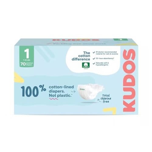 Kudos Chlorine Free Premium Diapers, 100% Cotton-Lined - Ultra Soft, Size 1-70 Count