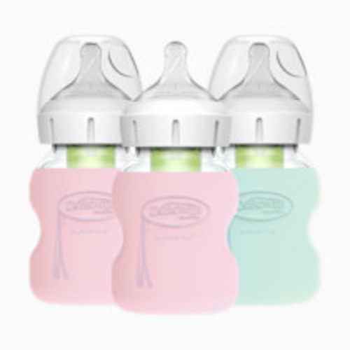 Dr. Brown's Anti-Colic Options+ Wide-Neck Glass Baby Bottle with Protective Sleeve - Pink/Mint, 5 Oz
