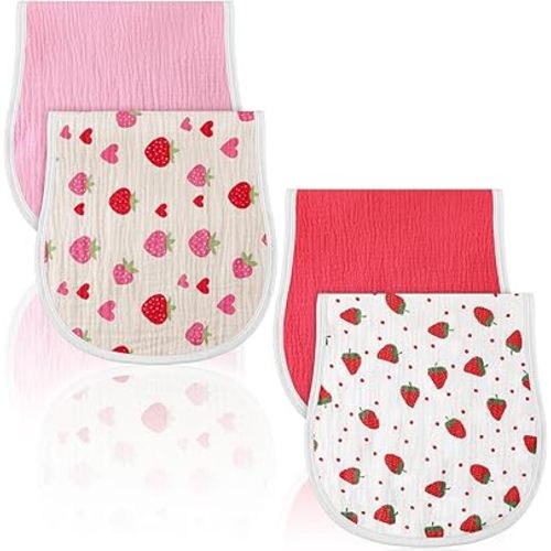Hahafelt 4 Pcs Strawberry Baby Burp Cloths 100% Cotton Absorbent & Soft Burping Cloth Newborn Towel 2-in-1 Large Size Baby Spit up Burping Rags Set for Boys and Girls Infant Newborn