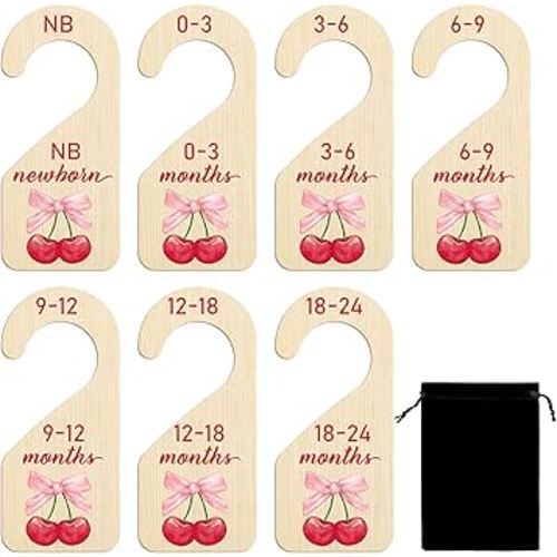 R HORSE Wooden Baby Closet Dividers - 8Pcs Double-Sided Cherry Pink Bow Baby Closet Organizer Newborn Clothes Size Hanger Dividers Nursery Decor Baby Shower Birthday Gift for Boy Girl (0-24 Months)