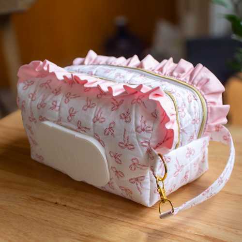 Double Zipper Baby Diaper and Wipe Pouch - Quilted Handmade Dual Compartment With Ruffles - Pink Bows