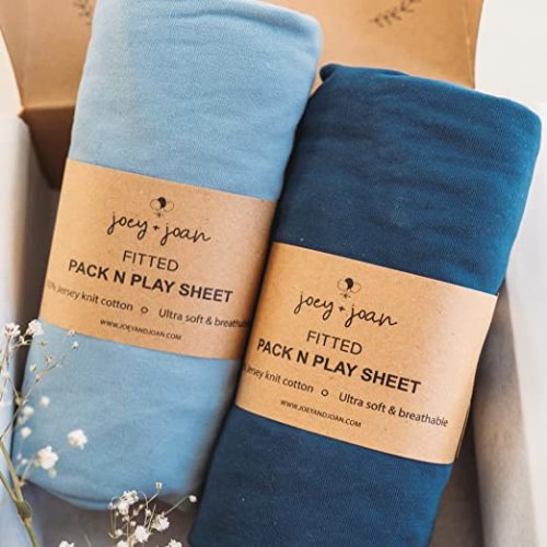 Travel Crib Fitted Sheets for Baby Bjorn, Guava Lotus Travel Crib and 24" x 42" Inch Travel Light Playard Mattress – Snuggly Soft 100% Jersey Cotton – Blue + Off-White – 2 Pack