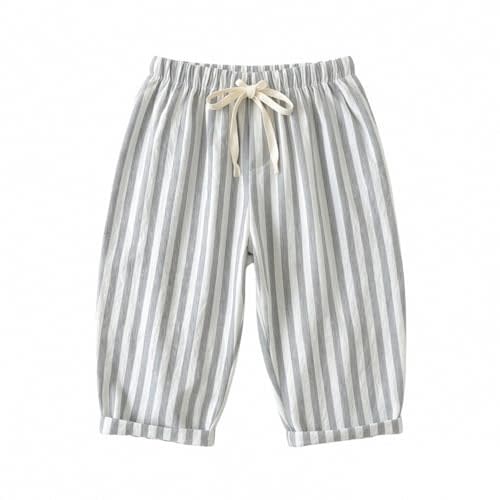 Toddler Boys Cute Striped Pants Baby Girls Baggy Cotton Linen Sweatpants with Drawstring Summer Elastic Waist Barrel