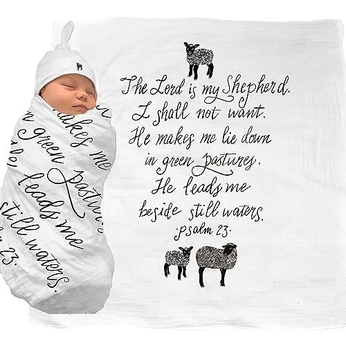 The Lord is My Shepherd (Psalm 23) Muslin Swaddle & Bonus Baby Hat with Scripture Quote - 100% Organic Unbleached Cotton - Swaddle/Blanket - Unique Shower & Baptism Gift