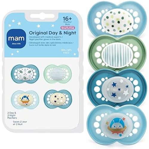 MAM Original Baby Pacifiers 16+ Months, Binky for Newborn Babies, BPA-Free Skin Soft Silicone Nipple, Glows in The Dark, Developed with Medical Experts, 4 Count, Made in Europe