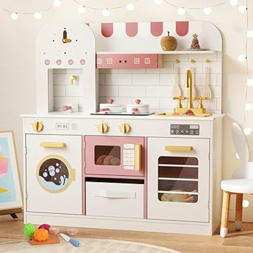 BIERUM Play Kitchen with Realistic Lights & Sounds, Wooden Kitchen Playset for Toddlers, Toy Kitchen with 26 Pcs Toy Food & Cookware Accessories, Gift for Boys & Gilrs Ages 3+
