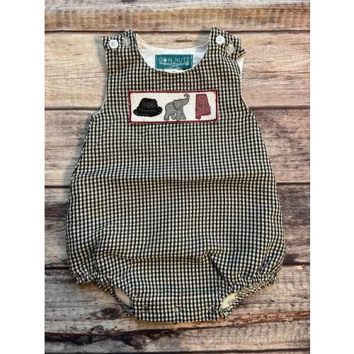 Embroidered Elephant Black Gingham Seersucker Bubble
