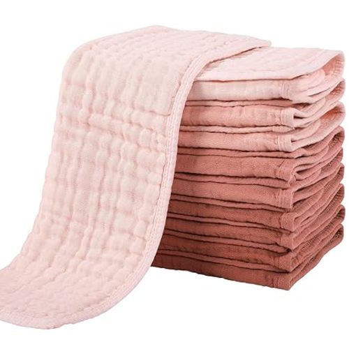 Yoofoss Muslin Burp Cloths for Baby 10 Pack 100% Cotton Baby Washcloths for Boys Girls Large 20''X10'' Super Soft and Absorbent Gradient Pink